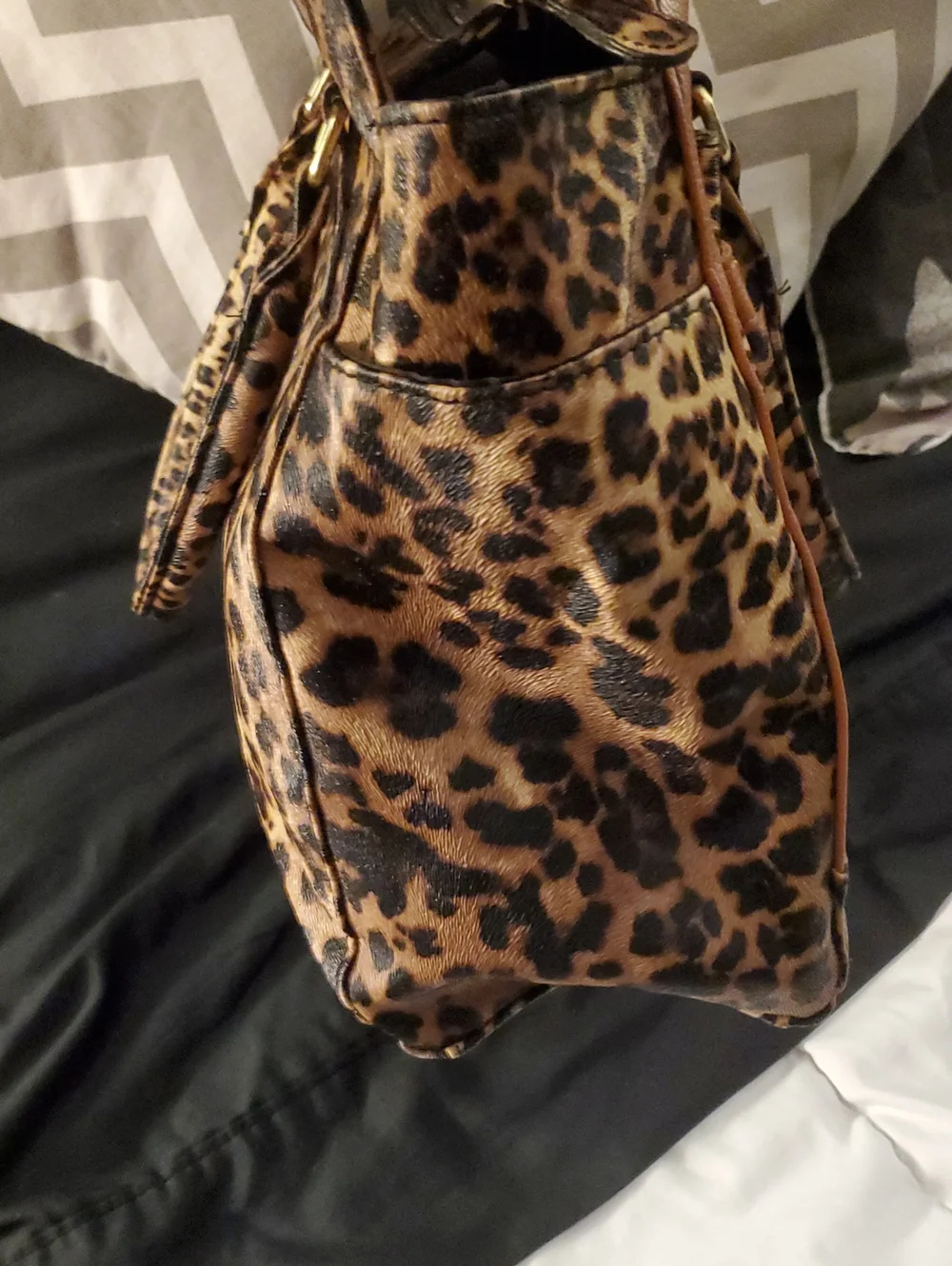 Women’s Tan Leopard Bow Satchel Handbag With Gold Stud Accents